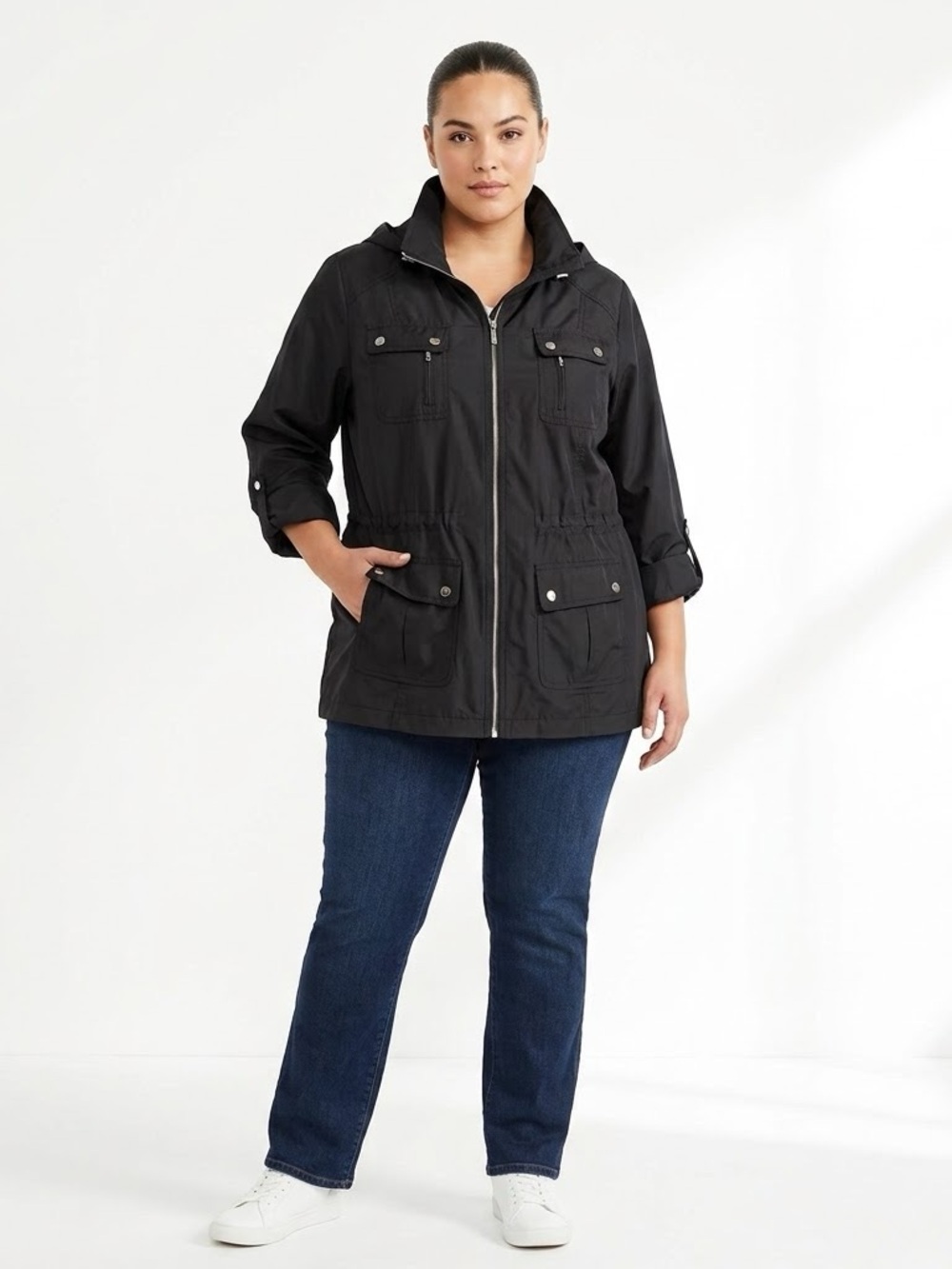 Style & Co. Sport Black Lightweight Hooded Utility Jacket XL